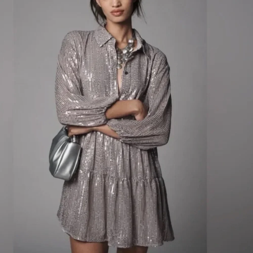 NWT! Women's Anthropologie Maeve Bettina Tiered Sequin Shirt Dres XSP - Picture 2 of 13